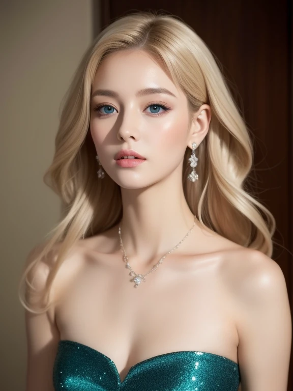 A woman of beauty in a fantastic space, 98k, {{Masterpiece}}, Best quality, High quality:1.4)，{{[[front look}}, eye_contact, a variety of poses)]], very pretty look face, and very pretty eyes, cute images, cute images, {{A half body}}, {{{{{{{{Long legs}}}}}}}}, {{{{slim sexy body}}}}, {{{{{{Tall woman}}}}}}, {{177 cm tall}}, Solo, Beautiful, Lovely, Adorable, Pale skin, look beautiful German girl and blue eyes or green eyes with platinum golden hair color), Nordic German young girl, {{{{{{{{{{half girl}}}}}}}}}}, {{{{{{{{{{High_Heels}}}}}}}}}}, Wavy hair, strapless Cinderella dress, earrings, princess, cleavages, necklace, large breasts, large lips, makeup, blush, castle hall, thick black eyebrows, tiara