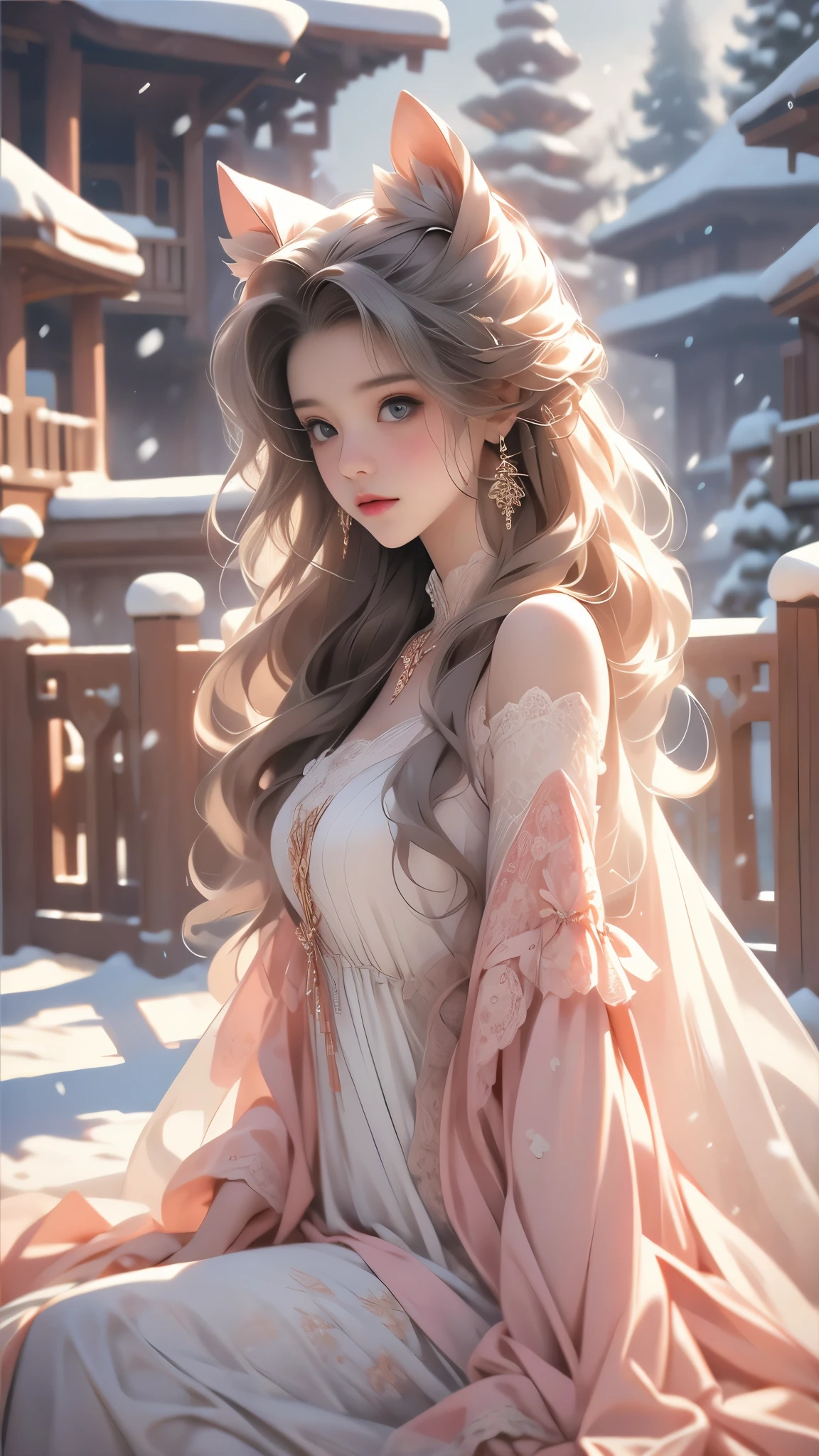 (8K,RAW photos, best qualtiy, tmasterpiece:1.2),(realisticlying, photograph realistic:1.4),Hide your face with sadness,
Lolita costume,Lace, Aerith Gainsborough, The upper part of the body,upper legs,Lace, undergarments,exposed bare shoulders, do lado de fora, (outside,Covered with snow,cloaks,) high high quality, Adobe Lightroom, highdetailskin, looking at viewert,