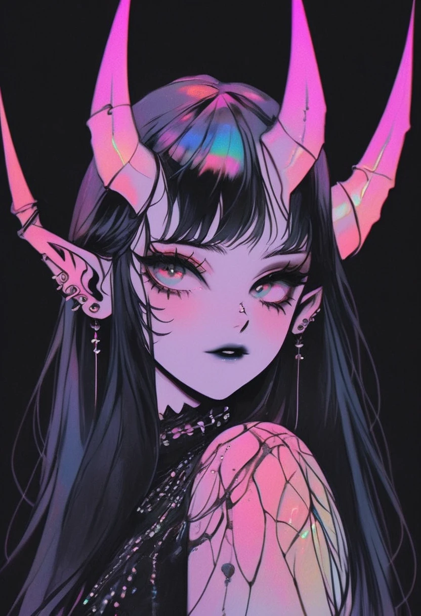 pale devil girl , ((por encima de la cintura)), disparo desde muy lejos, (largeeyes, Los ojos son delicados y hermosos., cara hermosa y delicada, detalles de cuerpo completo), (sombreado de prisma, holographic environment, chromatic:1.2) Camisa de encaje negra, Gothic background, (long right angle:1.2) Zapatillas con calcetines,