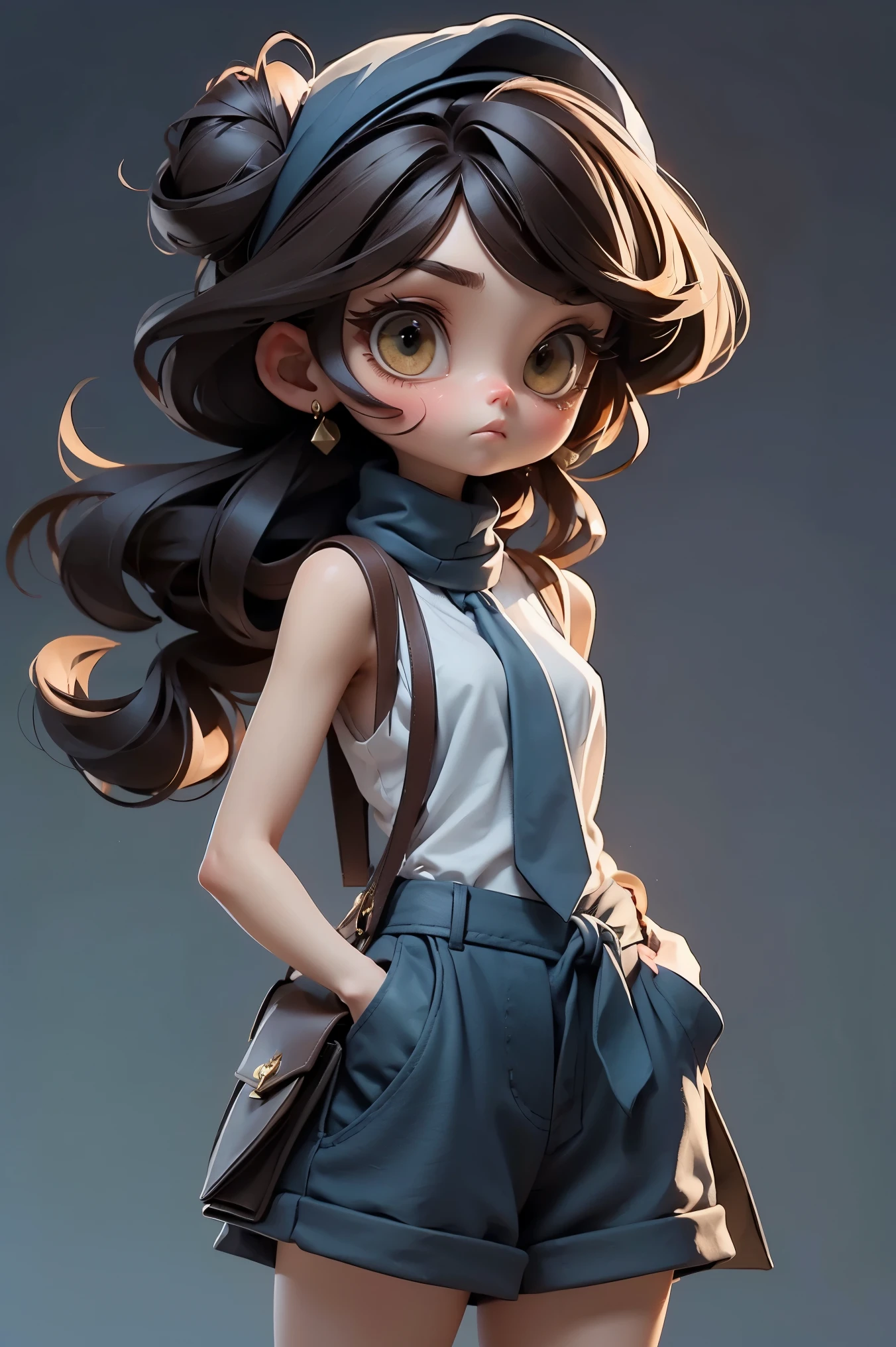 (masterpiece, best quality), 1 girl, Dark Brown Messy Top Knot with Ribbon Tie, Small Breasts, Dark blue flowing silhouette turtleneck sleeveless vest. and linen short paper bag shorts, only, Stand with hands in pockets, Staring into the distance curiously.