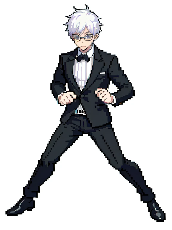 (masterpiece, top quality, best quality), pixel,pixel art,1man,white hair,black glasses,gojo satoru,black suit,full body, 
 