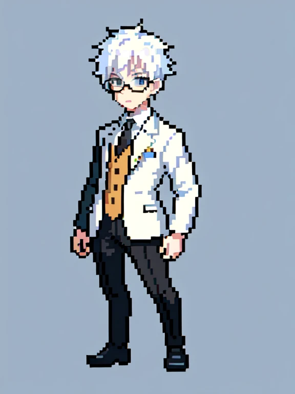 (masterpiece, top quality, best quality), pixel,pixel art,1man,white hair,black glasses,gojo satoru,black suit,full body,