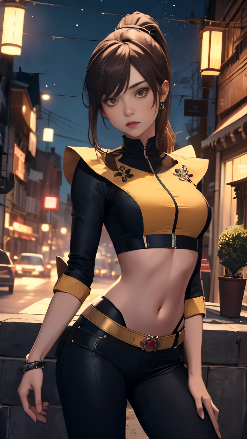 (Highly quality, masterpiece, detailed), night city detailed scenario, night city detailed background, 20 years old girl, solo, ktpryde, brown eyes, brown hair, ponytail, crop top, sleeves, navel, perfect face, beautiful eyes, looking at the viewer, Sexy pose