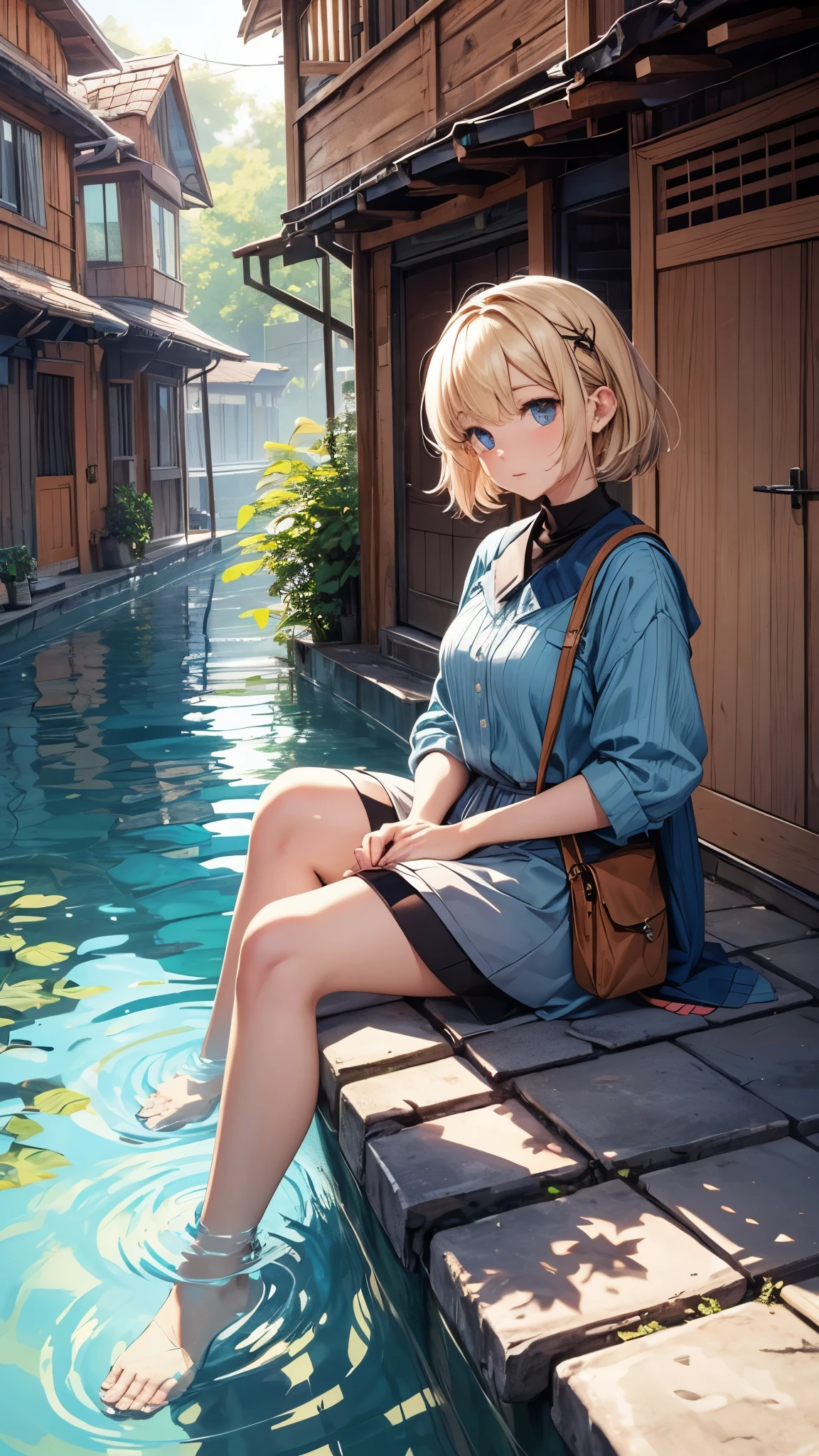Outside the submerged city,floating houses,one 20years old woman,blonde short hair,sitting on the floating house