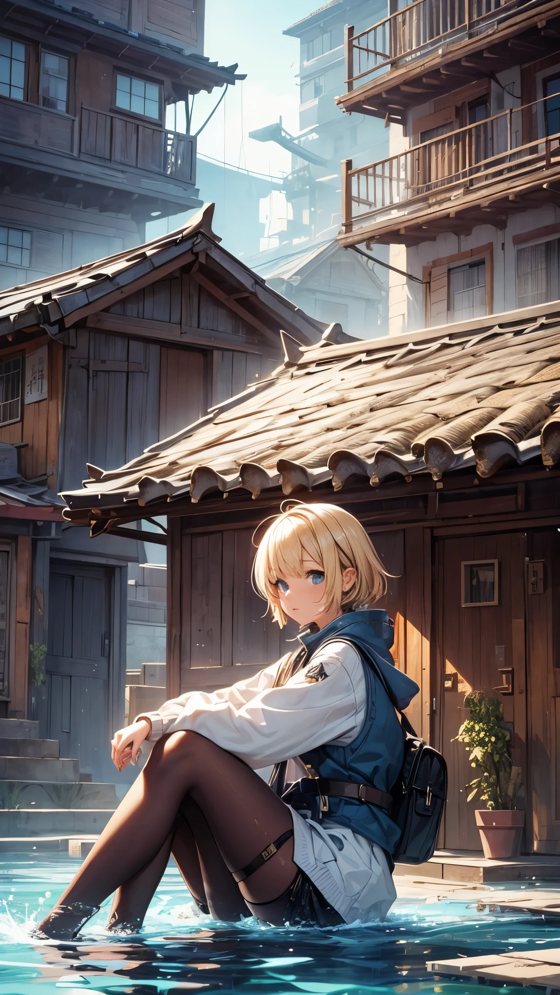 Outside the submerged city,floating houses,one 20years old woman,blonde short hair,sitting on the floating house