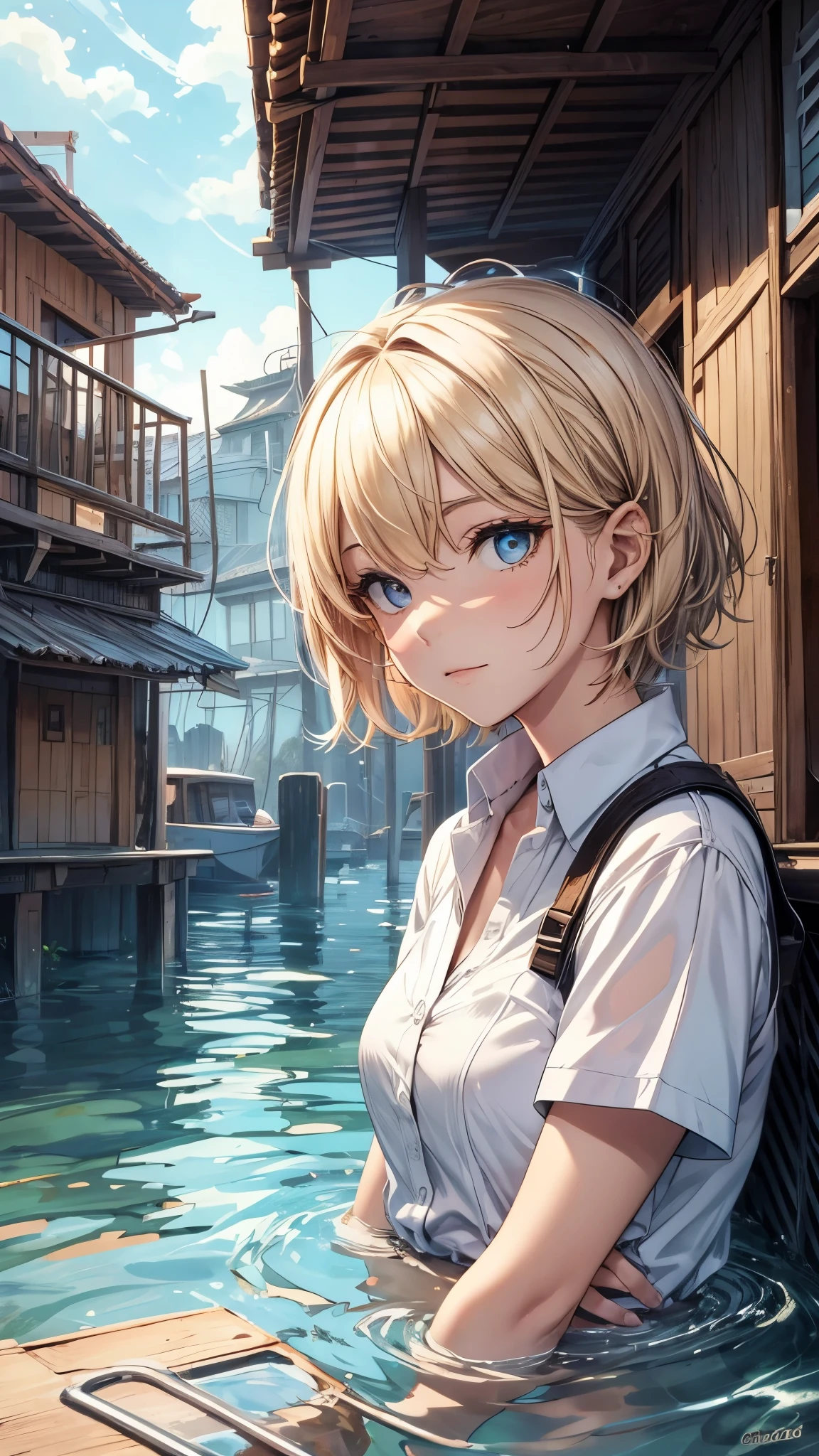 Outside the submerged city,floating houses,one 20years old woman,blonde short hair,sitting on the floating house