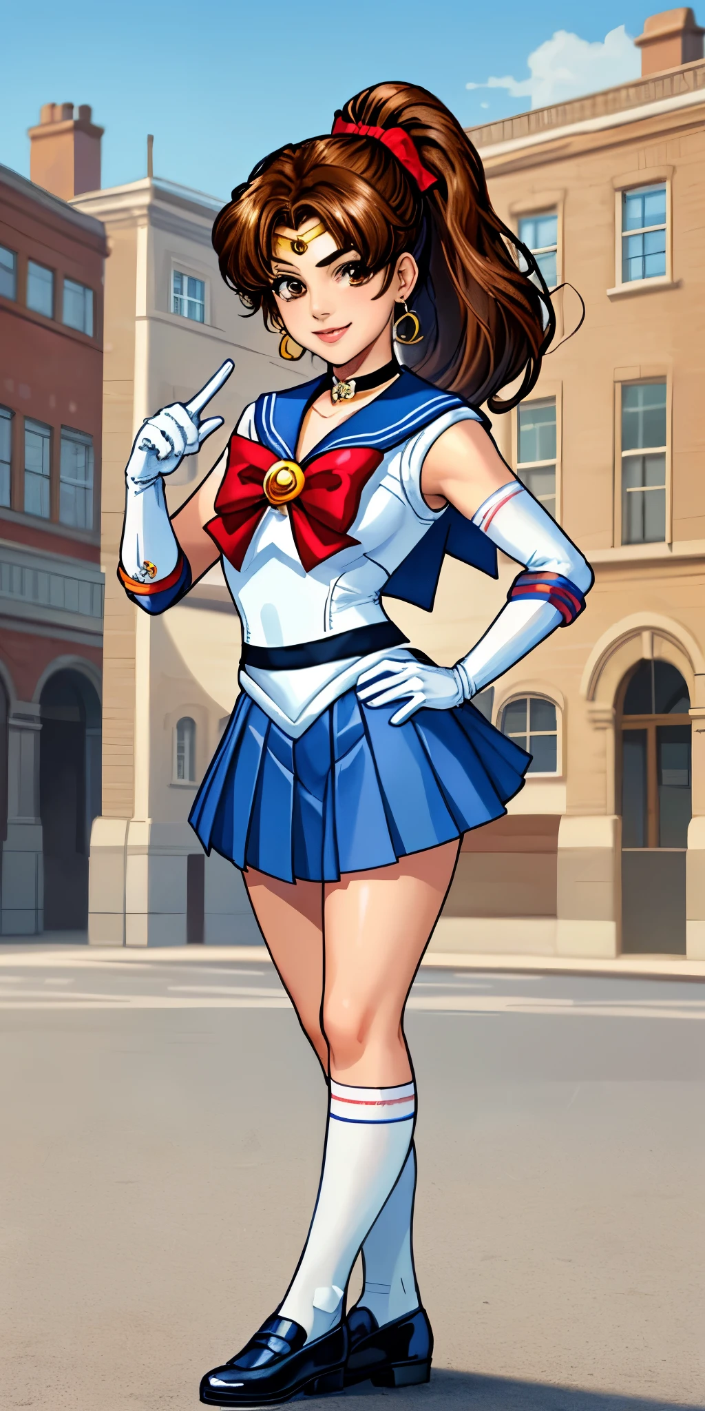 best quality, (masterpiece:1.2), highly detailed, standing, outdoors, building, school, FEMALE hand on hips 1girl, solo, standing, looking at the viewer, smile, sign to viewer brown hair, ponytail, brown eyes, scrunchie, (sailor senshi uniform), circlet, jewelry, earrings, choker, red bow, white gloves, elbow gloves, blue skirt