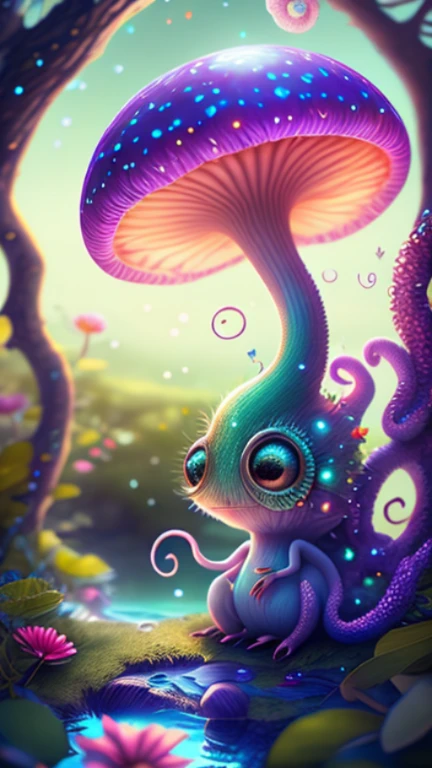in a magical forest of lush green exotic plants and lush exotic colorful flowers, crystal clear water seeps, little creature with features of a mushroom and an octopus on top, beeple 和 jeremiah ketner, an alien mushroom with tentacles, very beautiful and cute, Delicate little eyes, and small mouth, so cute, fantasy, magic, myth, fairy tale, magical tale, detailed detailed background, Global Illumination, astronomical lighting, magical illumination, Backlight, , 3D stylized rendering, 3d rendering beeple, Highly detailed 4K digital artwork, Daily Beeple Artwork, Lindo's detailed digital artwork, Detailed 3D digital artwork, 8K high-quality detailed artwork, State-of-the-art Autodesk Maya VFX, Post-production