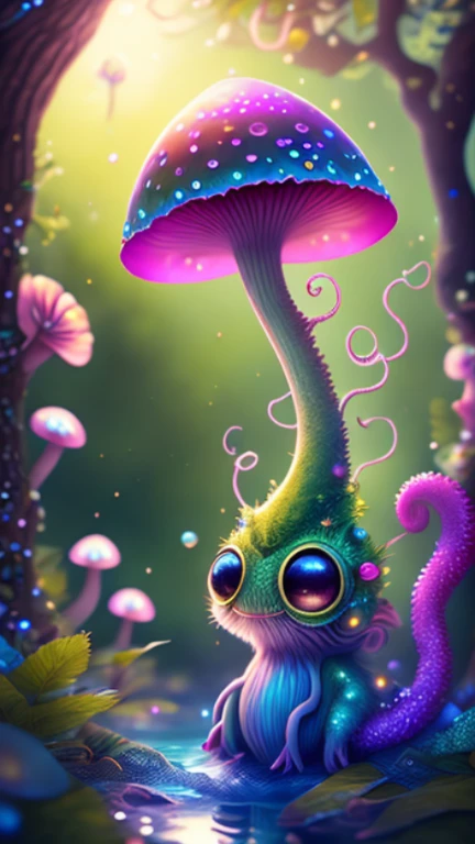 in a magical forest of lush green exotic plants and lush exotic colorful flowers, crystal clear water seeps, little creature with features of a mushroom and an octopus on top, beeple 和 jeremiah ketner, an alien mushroom with tentacles, very beautiful and cute, Delicate little eyes, and small mouth, so cute, fantasy, magic, myth, fairy tale, magical tale, detailed detailed background, Global Illumination, astronomical lighting, magical illumination, Backlight, , 3D stylized rendering, 3d rendering beeple, Highly detailed 4K digital artwork, Daily Beeple Artwork, Lindo's detailed digital artwork, Detailed 3D digital artwork, 8K high-quality detailed artwork, State-of-the-art Autodesk Maya VFX, Post-production