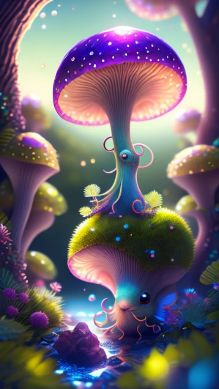 in a magical forest of lush green exotic plants and lush exotic colorful flowers, crystal clear water seeps, little creature with features of a mushroom and an octopus on top, beeple 和 jeremiah ketner, an alien mushroom with tentacles, very beautiful and cute, Delicate little eyes, and small mouth, so cute, fantasy, magic, myth, fairy tale, magical tale, detailed detailed background, Global Illumination, astronomical lighting, magical illumination, Backlight, , 3D stylized rendering, 3d rendering beeple, Highly detailed 4K digital artwork, Daily Beeple Artwork, Lindo&#39;s detailed digital artwork, Detailed 3D digital artwork, 8K high-quality detailed artwork, State-of-the-art Autodesk Maya VFX, Post-production