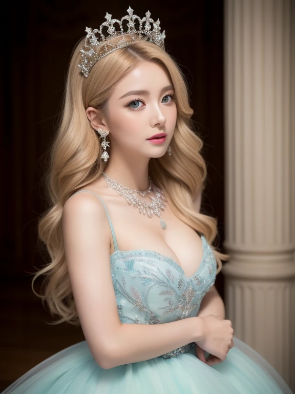 A woman of beauty in a fantastic space, 98k, {{Masterpiece}}, Best quality, High quality:1.4)，{{[[front look}}, eye_contact, a variety of poses)]], very pretty look face, and very pretty eyes, cute images, cute images, {{A half body}}, {{{{{{{{Long legs}}}}}}}}, {{{{slim sexy body}}}}, {{{{{{Tall woman}}}}}}, {{177 cm tall}}, Solo, Beautiful, Lovely, Adorable, Pale skin, look beautiful German girl and blue eyes or green eyes with platinum golden hair color), Nordic German young girl, {{{{{{{{{{half girl}}}}}}}}}}, {{{{{{{{{{High_Heels}}}}}}}}}}, Wavy hair, strapless Cinderella dress, earrings, princess, cleavages, necklace, large breasts, large lips, makeup, blush, castle hall, thick black eyebrows, tiara