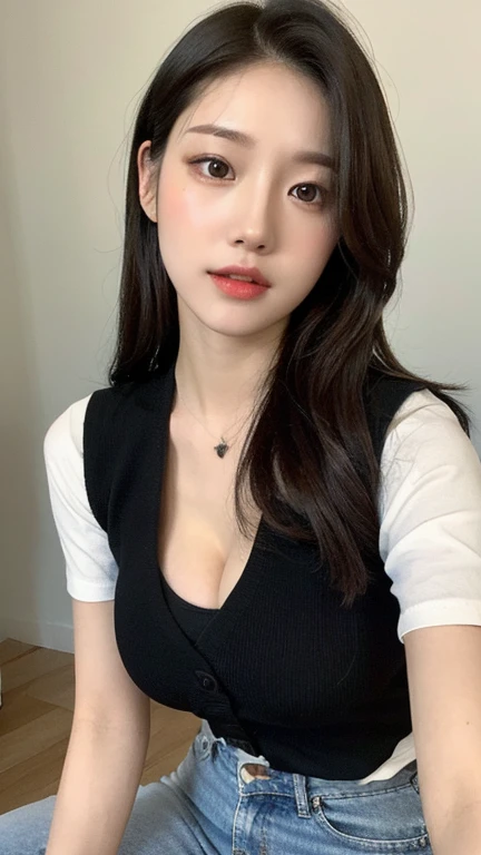 （lifelike， High resolution：1.3）， 1 girl with perfect figure， The face shape and eyes are super delicate，Long hair， random color vest：1.2， Short jeans， Big howing cleavage