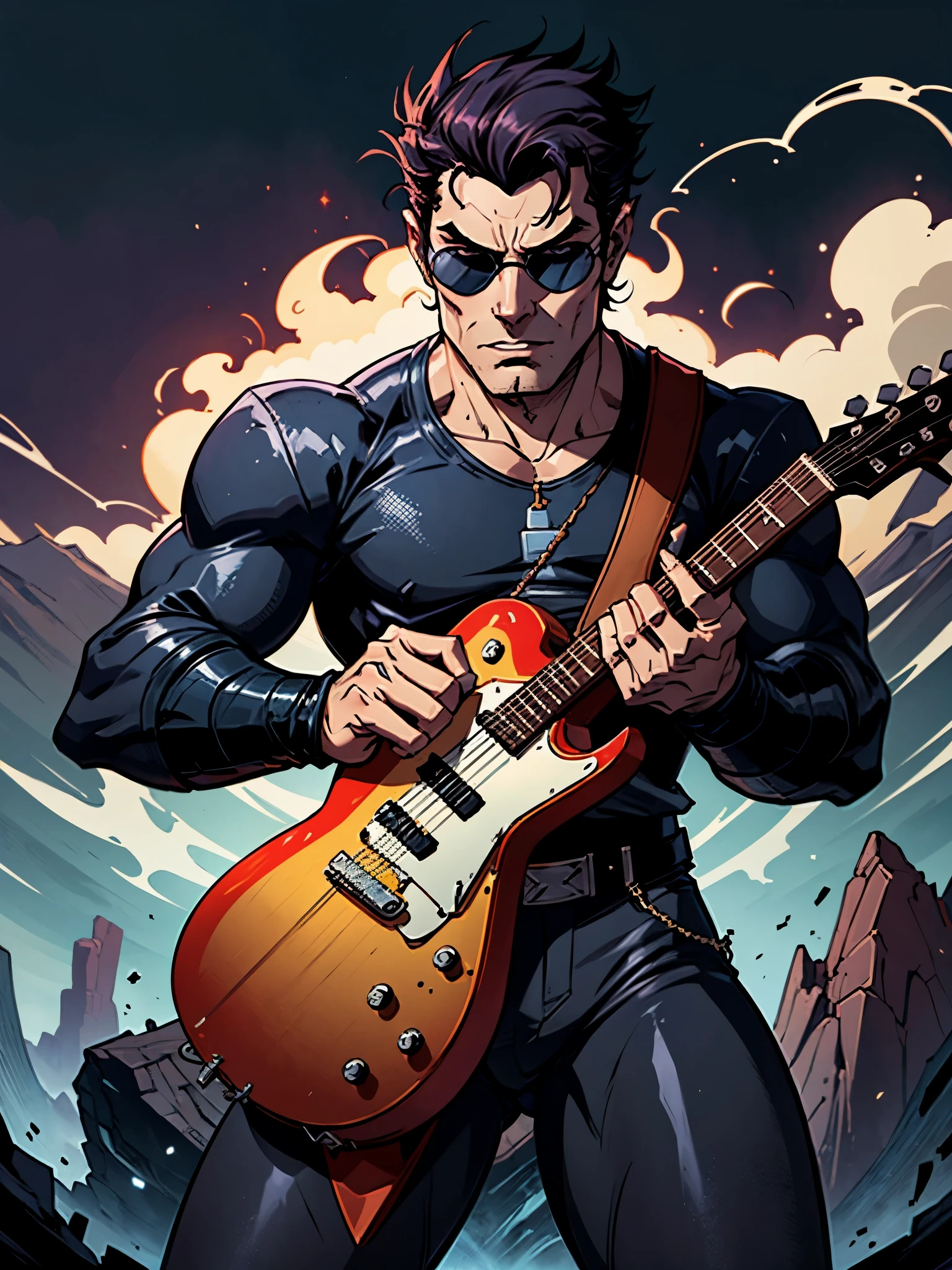 Em um mundo de fantasia e rock, a hero dressed in leather and sunglasses stands tall, holding a guitar in his hand. The hero's eyes, protected by sunglasses, varrem o horizonte enquanto se preparam para enfrentar uma nova aventura. De repente, a fierce dragon appears, respirando fogo e causando o caos. The Hero, sem se intimidar, dedilha um poderoso acorde na guitarra, sending a shockwave towards the dragon. The dragon roars in pain, but the hero continues to play, usando a guitarra como arma.