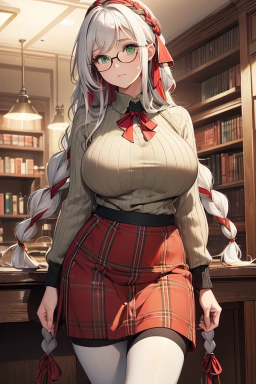 ((masterpiece)), (best quality:1.7), (detailed:1.4), (high res:1.4), 8k, (colorful:1.5), high resolution, sharped image, 4k, hd, (beautiful detailed background:1.2), (beautiful lighting:1.2), (highly detailed:1.2), perfect lighting, (8k wallpaper:1.2), (highly detailed:1.2), (extremely detailed CG:1.2), (((only white gray very long straight hair with two braid front bangs with red ribbon ties))), (only white hair), ((large full chest)), (((very busty))), curvy figure, (((light green eyes))), (beige loose ribbed sweater)), ((red plaid pattern skirt with black full length leggings)), ((big circle glasses)), library, mature, older, human adult, tall, fullbody