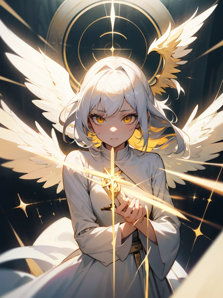 1girl, full body, white hair, yellow eyes, archangel, white dress, halo, divine light, holy aura, heaven, heavenly background, secretary, calm expression, sacrosanct, godly presence, six golden arrows, large angel wings, masterpiece, ultra detailed, beautiful face, detailed eyes, dramatic lighting,