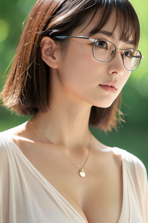 necklace、Captivating breasts、I can see her cleavage、sexy、Inconspicuous、Quiet、beautiful girl、Japanese、Beautiful breasts、Short Bob、suit、Round face、Round glasses、job hunting、Big Breasts,Ultra-Realistic Capture, Very detailed, High resolution 16K human skin close-up. Skin texture must be natural, So detailed that even pores can be distinguished. Skin looks healthier, In a unified tone. Use natural light and color,(RAW Photos, highest quality), highest quality, Very detailed, masterpiece, Super detailed