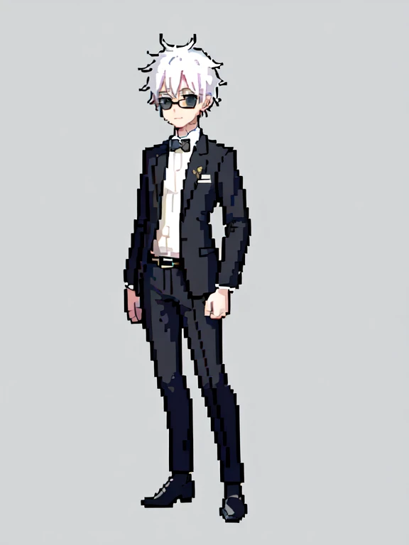 (masterpiece, top quality, best quality), pixel,pixel art,1man,white hair,black glasses,gojo satoru,black suit,full body,