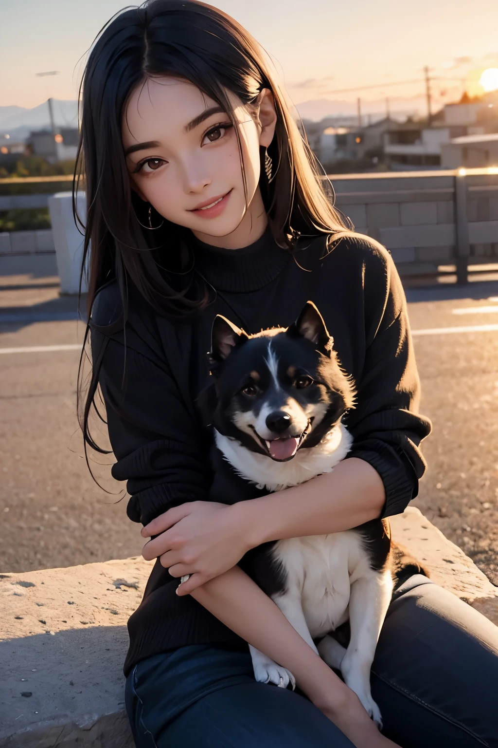 Cabelo preto longo e liso, olhos castanhos, rosto redondo, girl wearing brown sweater, sitting not coffee drinking coffee, sunset, toothy smile without bangs, holding a poodle puppy in her arms