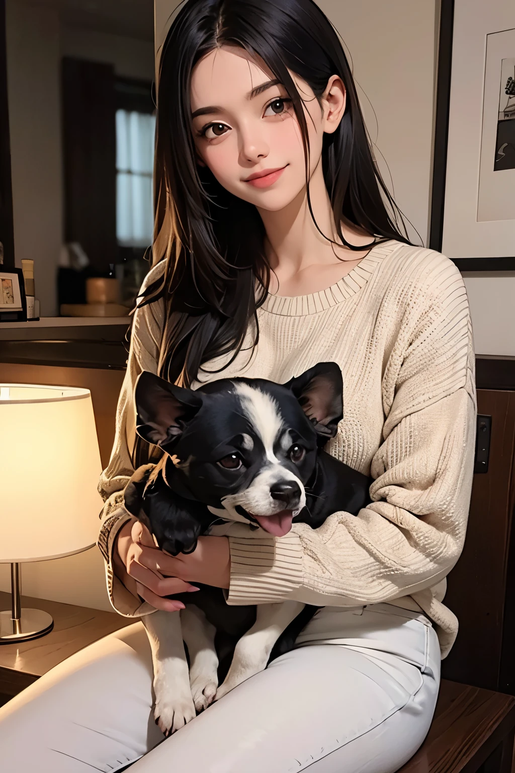 Cabelo preto longo e liso, olhos castanhos, rosto redondo, girl wearing brown sweater, sitting not coffee drinking coffee, sunset, toothy smile without bangs, holding a poodle puppy in her arms