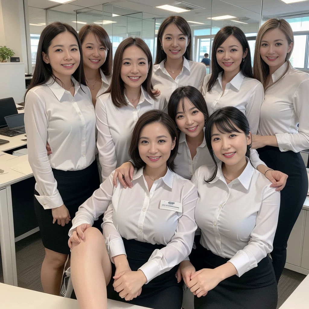 ((Best Quality, 8k, Masterpiecedetails, ultra-high resolution)), (group picture),(looking at the viewer), (full shot:), attractive business 5 milfs, 5 people, a bit chubby:0.25, seductive expression, white collared shirt, grey skirt, (sitting with cross legs on office desks)), smile, office of CEO