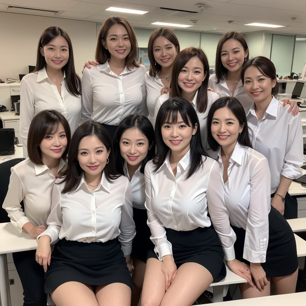 ((Best Quality, 8k, Masterpiecedetails, ultra-high resolution)), (group picture),(looking at the viewer), (full shot:), attractive business 5 milfs, 5 people, a bit chubby:0.25, seductive expression, white collared shirt, grey skirt, (sitting with cross legs on office desks)), smile, office of CEO