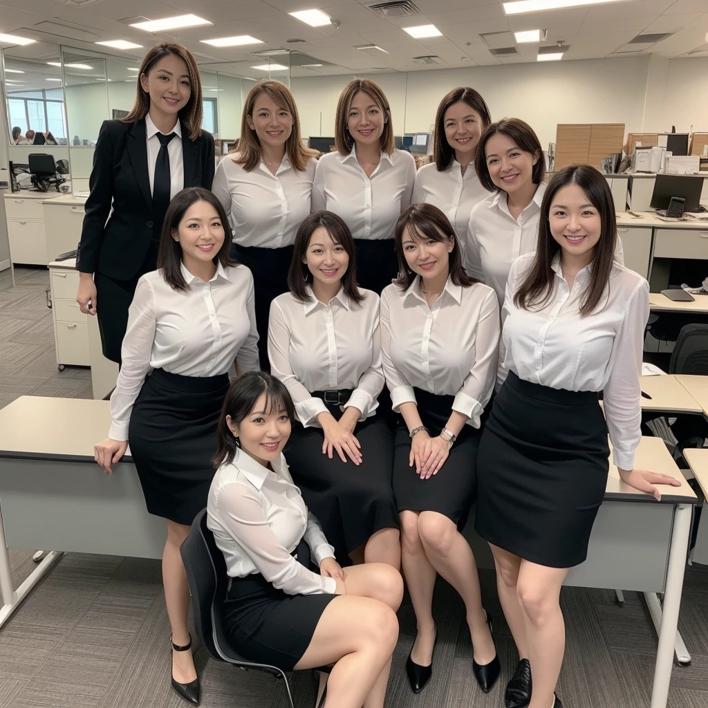 ((Best Quality, 8k, Masterpiecedetails, ultra-high resolution)), (group picture),(looking at the viewer), (full shot:), attractive business 5 milfs, 5 people, a bit chubby:0.25, seductive expression, white collared shirt, grey skirt, (sitting with cross legs on office desks)), smile, office of CEO