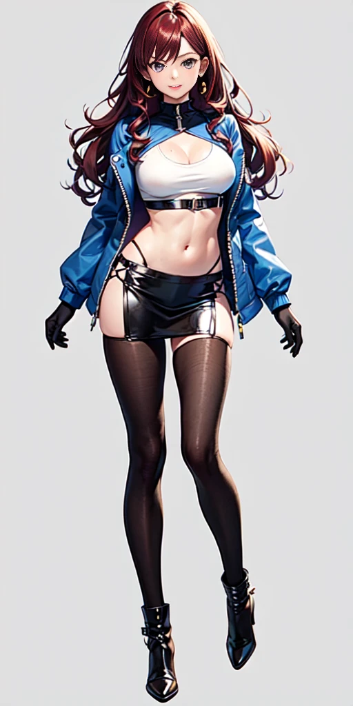 (Solo 1 mujer) Professional anime drawing, Dynamic view (front back mostly) full length, light-skinned female, , symmetrical face, long curly magenta hair, blue eyes, crimson red lipstick, slim build and perfect figure, chest Firm and striking, he is approximately 1.65 meters tall, his usual attire consists of a tight white top with a red large R logo, underneath a cropped black T-shirt that reveals his belly button, long black boots and gloves, round colored stud earrings Green, White Tight Micro Skirt, Extremely Detailed Intricate Image