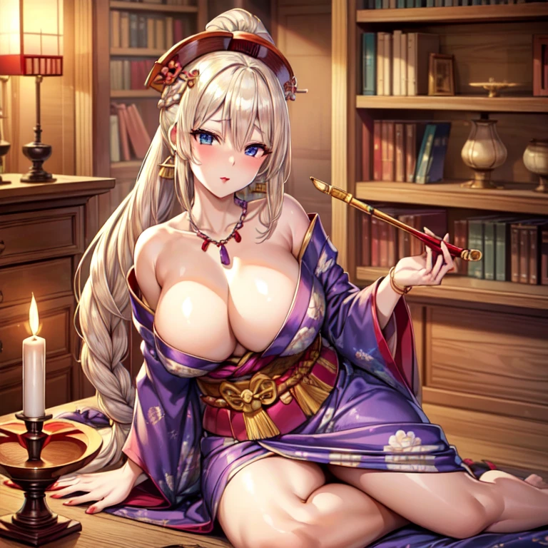 masterpiece, highest quality, (((ソロMature Womanジャネット))), (((Platinum Blonde Hair))), ((long braided ponytail)), (((Wide Hips))), (((Bright Blue Eyes))), Fuller lips, Captivating smile, Cleavage, (((Seated on a wooden throne))), (((Bookshelf, Candles))) sunset, Blushing, "beautiful mature face" , 30 years old , Mature Woman , Adult ((Purple kimono with a fine gold pattern)), Bare shoulders, ((Sexual suggestion)), Perfect beautiful eyes, Fine grain. Thick lips, ((Big Breasts)), (Thick thighs), top down, look down, (((Shiny skin))), (((Chubby))), necklace, bracelet, Hoop Earrings, (((face of europe))), ((Oiran)), Japanese Clothing, Boob Plate, heart, Complex, eye shadow, floral print, hairpin, lipstick, compensate, Red lips, sarashi, (((kiseru))), Holding a pipe in his right hand, (((barefoot)))、Camel Toe、Giant tit、Nipple Puffs、Cleavage、Plump、Super big breasts、Super big butt、white smoke、Pipe、puff on a pipe