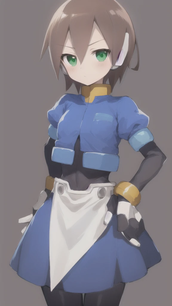 Aile_MegamanZX, 1girl, Looking at viewer, simple background, Brown hair, ,green eyes, Dressed as a maid