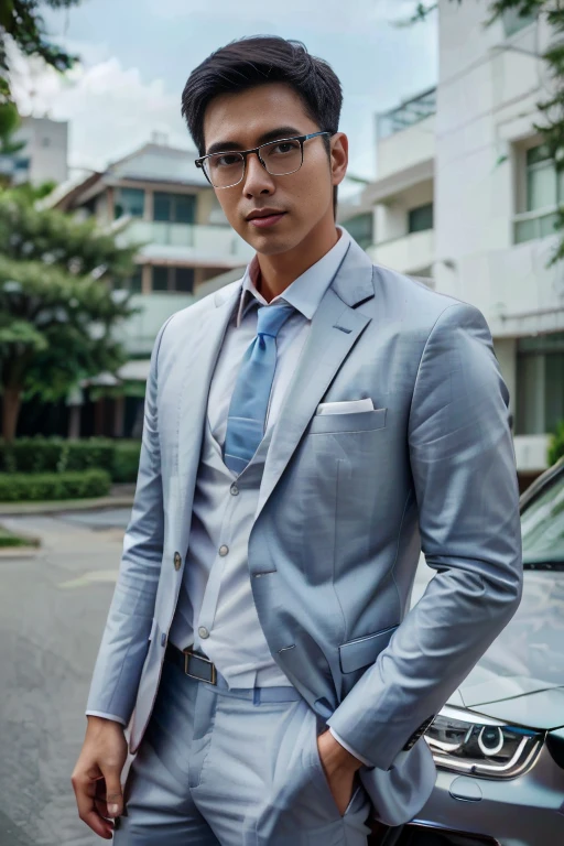 (One wears silver-white titanium alloy thin-rimmed glasses、Wearing a full light blue striped suit、White shirt、Tie、About 25 years old、Japanese men with a height of 180 cm)、best quality、masterpiece、Ultra-high resolution、(Photo realism:1.4)、original photo、(戶外街道上One wears silver-white titanium alloy thin-rimmed glasses、Wearing a full light blue striped suit、White shirt、Tie的年輕英俊的日本男人、Standing under the red maple tree、Red and big maple leaves、delicate leaves、branch details)、(There is a white BMW car next to the man、Man's hands on car roof) shadow、Octane Rendering、8K、Super sharp、realistic light、(There is only one white BMW car on the street、man's shining eyes、looking in the direction of the camera)、LED、Ultra high quality、High、gentleman、very beautiful hair、bright photos、As handsome as a model、As handsome as an idol,Professional profile photo, Professional portrait photos、Realistic portrait photos, Detailed color portrait, Portrait of an idol, High quality portrait.