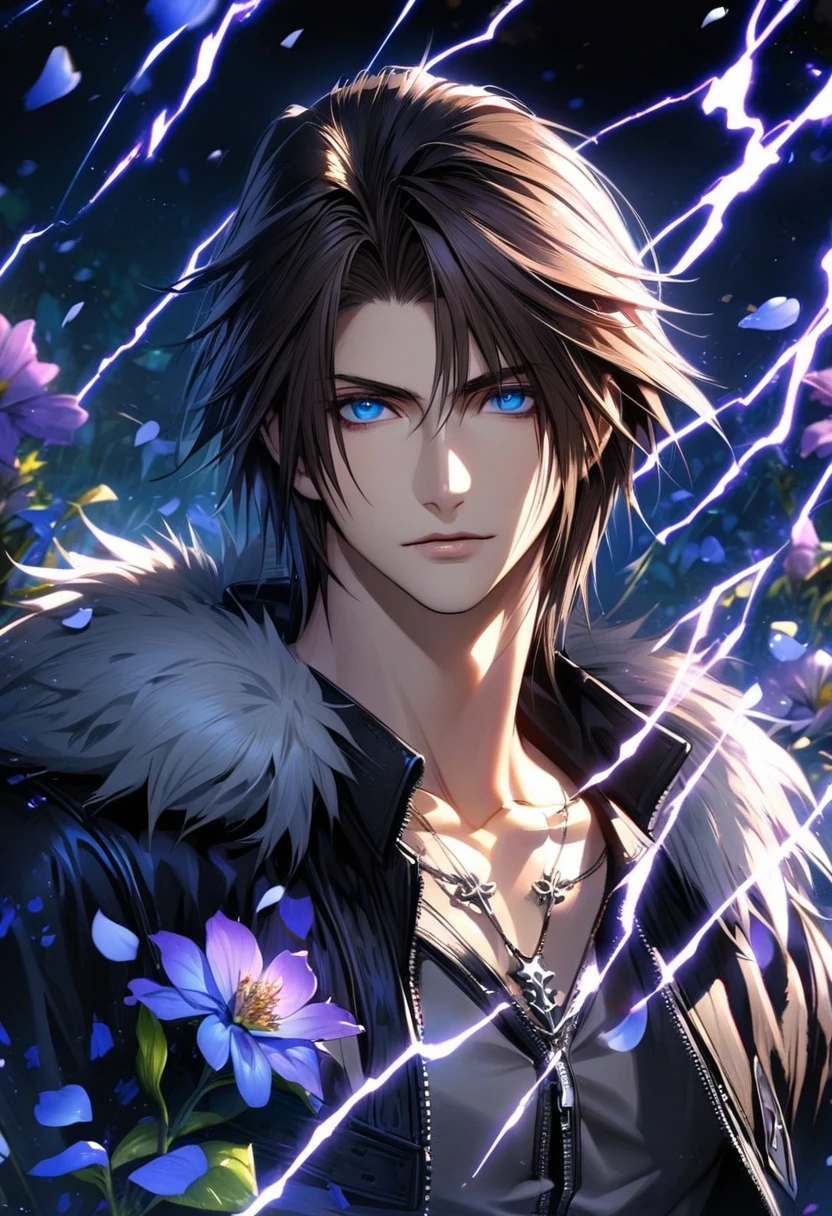 Ultra detailed, Highres, absurdres, HDR, Squall Leonhart, blue eyes, blown hair, Final Fantasy VIII, purple lightning, handsome, 1 man only, very detailed face and eyes, flowers and petals
