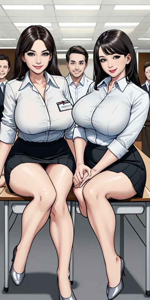 ((Best Quality, 8k, Masterpiecedetails, ultra-high resolution)), (group picture),(looking at the viewer), (full shot:), attractive business 5 milfs, 5 people, a bit chubby:0.25, seductive expression, white collared shirt, grey skirt, (sitting with cross legs on office desks)), smile, office of CEO