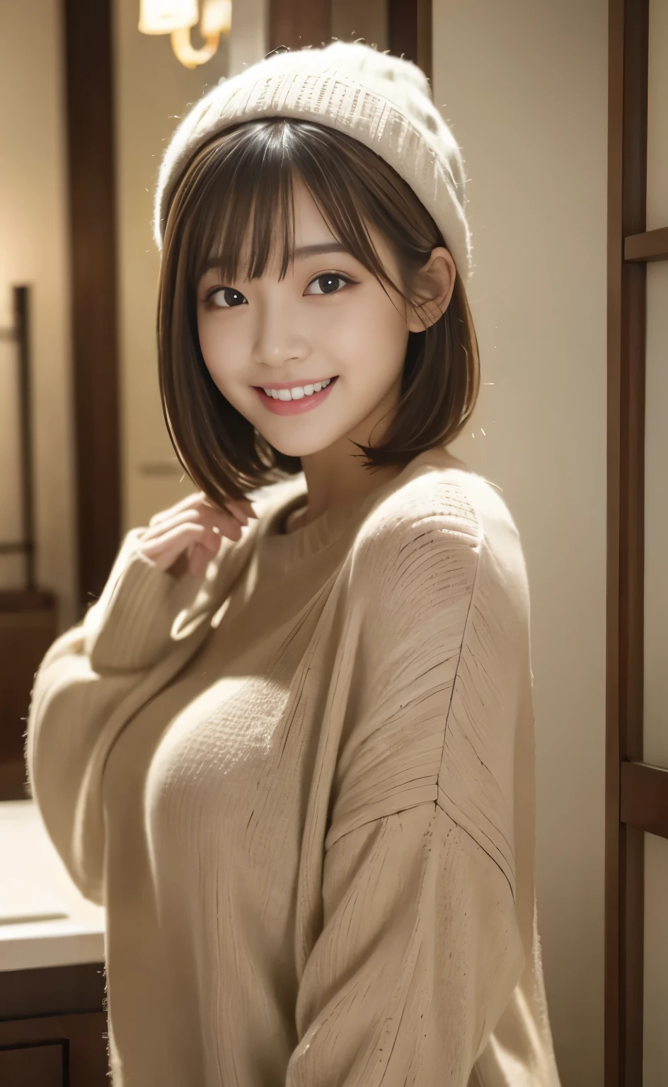 Cute 21 year old Japanese、Super detailed face、Pay attention to the details、double eyelid、Beautiful thin nose、Sharp focus:1.2、Beautiful woman:1.4、(Light brown hair,short hair、), Slightly larger breasts, Pure white skin、highest quality、masterpiece、Ultra-high resolution、(Photorealistic:1.4)、Light from outside、Laughter、Pinafor、corridor、Cute Winter Clothes、