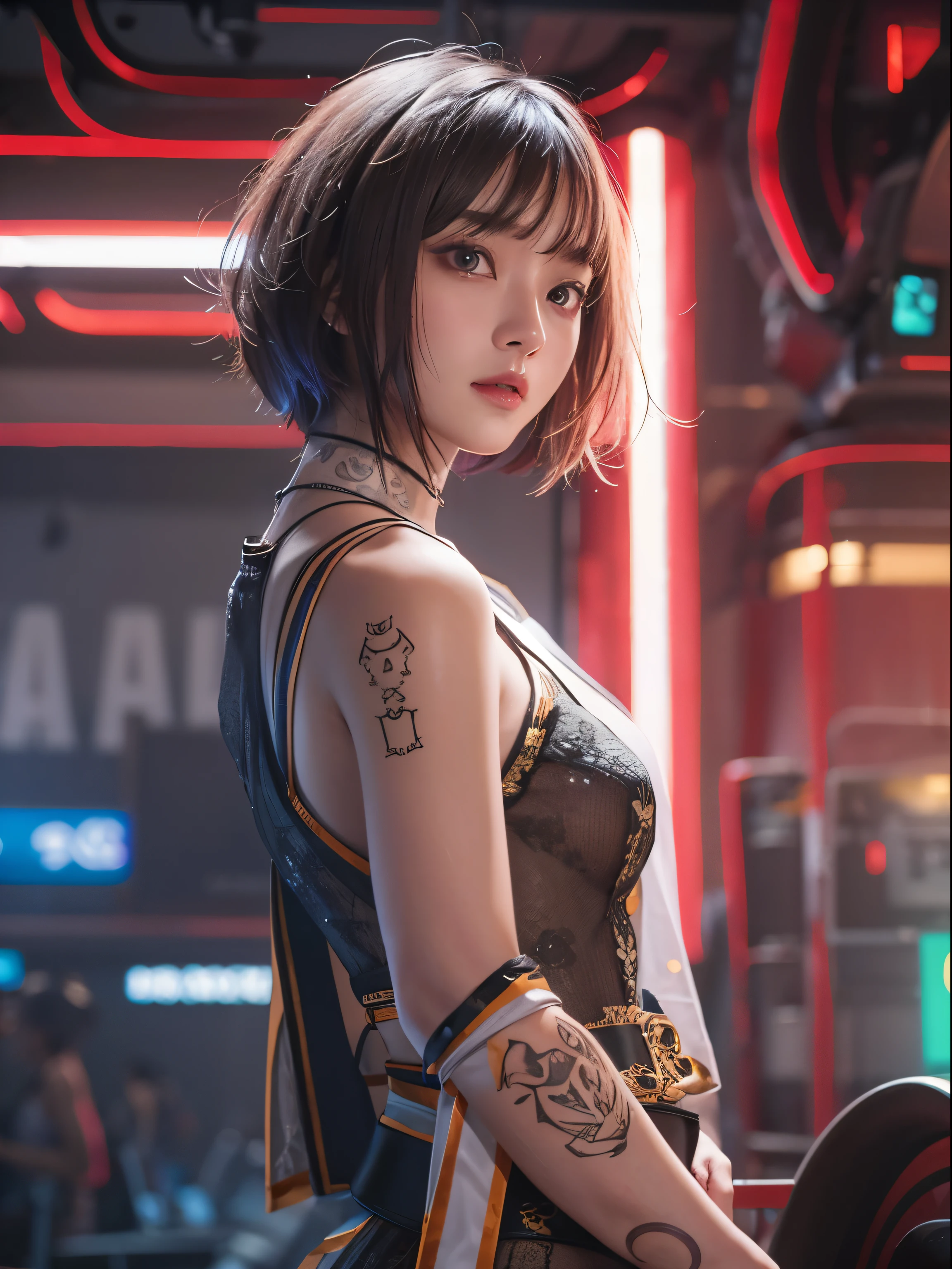 ​masterpiece, 1 beautiful girl, Detailed eye, Swollen eyes, top-quality, 超A high resolution, (reality: 1.4), movie lighting, japanes, a asian beauty, very extremely beautiful, Beautiful skins, A slender, Fullbody shot, (A hyper-realistic), (hight resolution), (8K), (highly detailed), ( Best Illustration), (beautifully detailed eyes), (ultra-detail), Detailed face, Bright lighting, Professional lighting、The background is a cyberpunk room with many monitors、Hair color is red、small tattoo on face、Female Game Commentator、Facing straight ahead、short-hair、