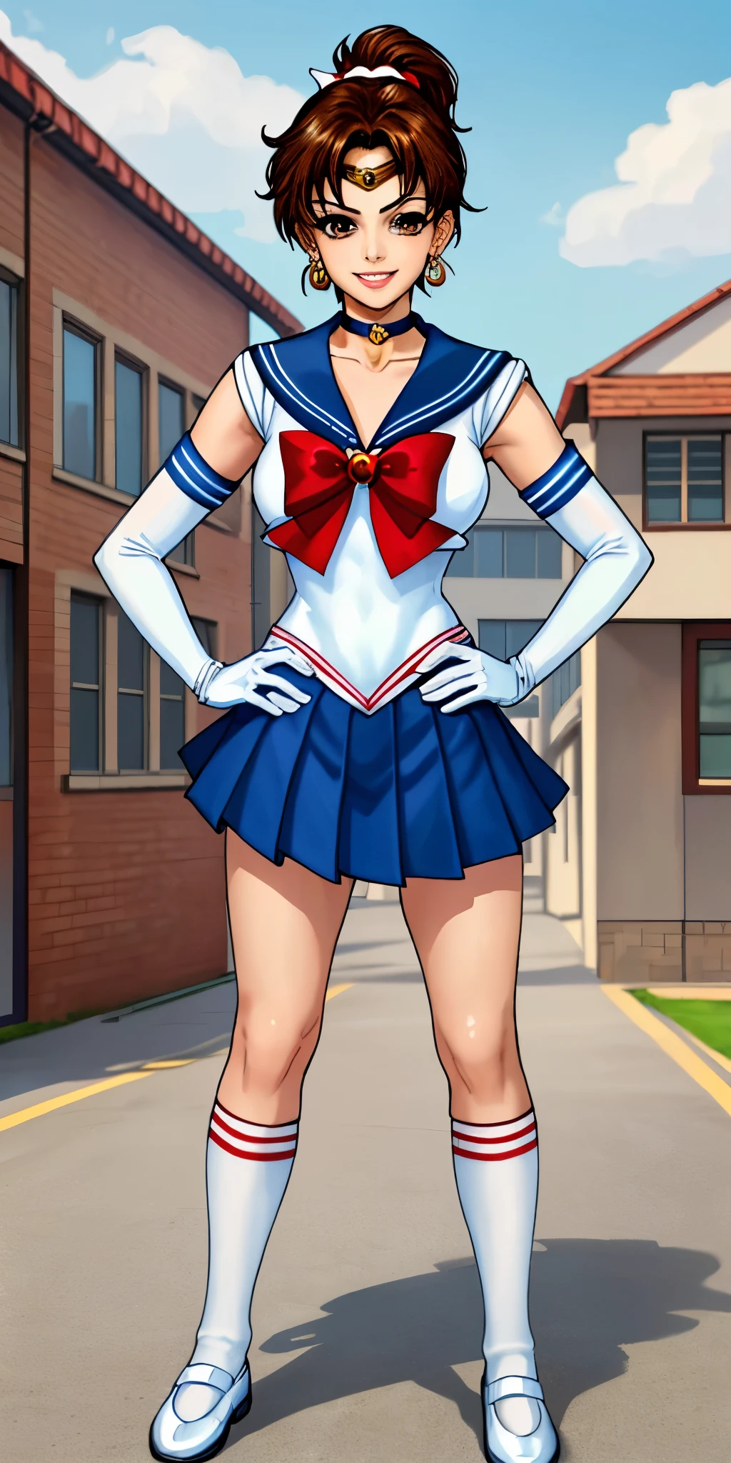 best quality, (masterpiece:1.2), highly detailed, standing, outdoors, building, school, FEMALE hand on hips 1girl, solo, standing, looking at the viewer, smile, sign to viewer brown hair, ponytail, brown eyes, scrunchie, (sailor senshi uniform), circlet, jewelry, earrings, choker, red bow, white gloves, elbow gloves, blue skirt