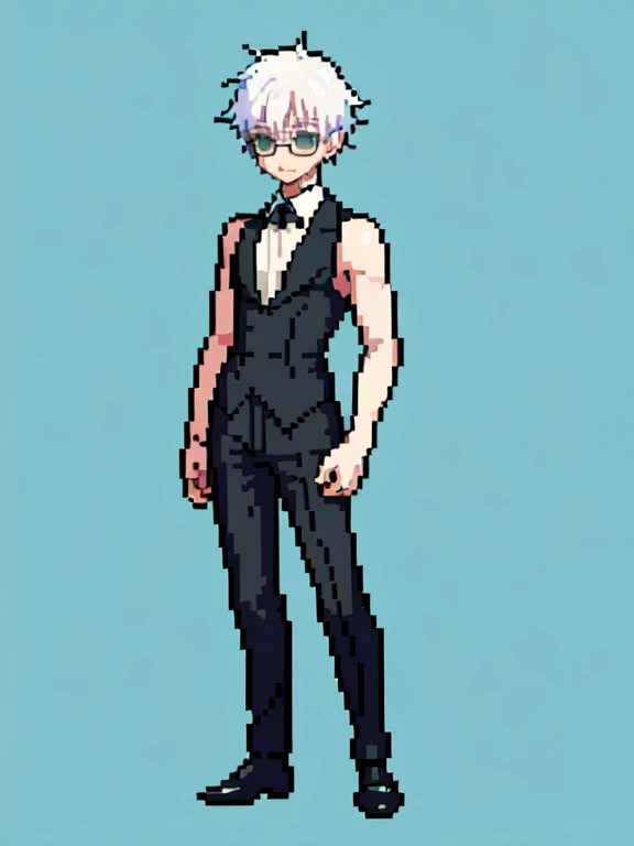 (masterpiece, top quality, best quality), pixel,pixel art,1man,white hair,black glasses,gojo satoru,black dress clothes,full body,