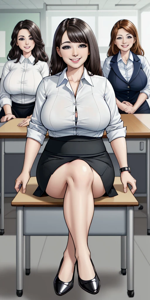 ((Best Quality, 8k, Masterpiecedetails, ultra-high resolution)), (group picture),(looking at the viewer), (full shot:), attractive business 5 milfs, 5 people, a bit chubby:0.25, seductive expression, white collared shirt, grey skirt, (sitting with cross legs on office desks)), smile, office of CEO