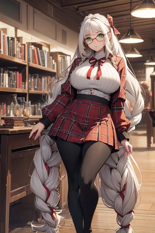 ((masterpiece)), (best quality:1.7), (detailed:1.4), (high res:1.4), 8k, (colorful:1.5), high resolution, sharped image, 4k, hd, (beautiful detailed background:1.2), (beautiful lighting:1.2), (highly detailed:1.2), perfect lighting, (8k wallpaper:1.2), (highly detailed:1.2), (extremely detailed CG:1.2), (((only white gray very long straight hair with two braid front bangs with red ribbon ties))), (only white hair), ((large full chest)), (((very busty))), curvy figure, (((light green eyes))), (beige loose ribbed sweater)), ((red plaid pattern skirt with black full length leggings)), ((big circle glasses)), library, mature, older, human adult, tall, fullbody