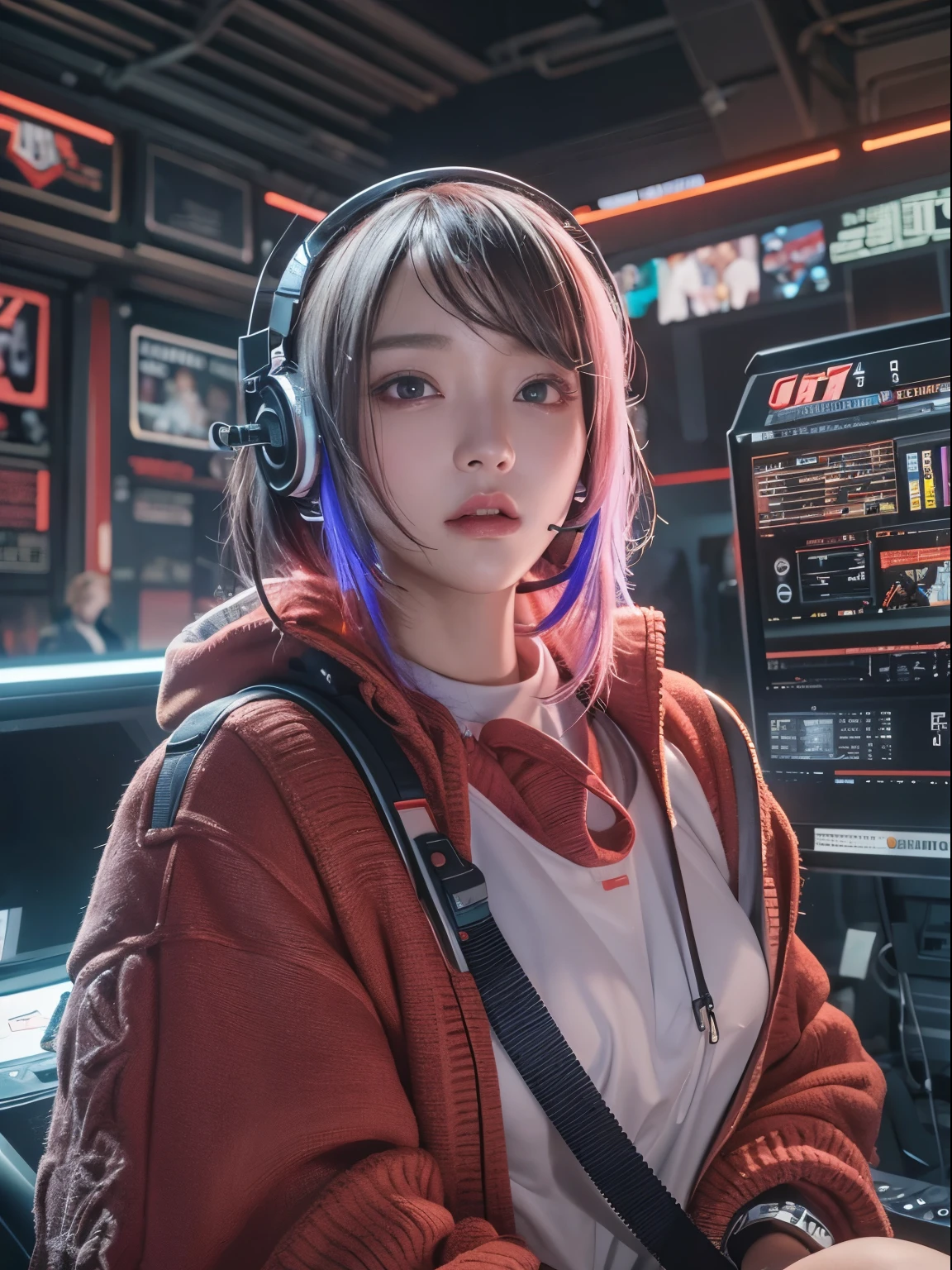 masterpiece, 1 person、beautiful girl, fine eyes, eye swelling, highest quality, Super high resolution, (reality: 1.4), movie lighting, Japanese, asian beauty, very very beautiful, beautiful skin, Slender, Forward-facing body, (超reality的な), (High resolution), (8K), (very detailed), ( best illustrations), (beautiful detailed eyes), (super detailed), detailed face, bright lighting, professional lighting、The background is a cyberpunk room with a large number of monitors.、The cord is connected from the costume、Hair color is red、headset on head、small tattoo on face、Female Game Commentator、look straight ahead、short hair、