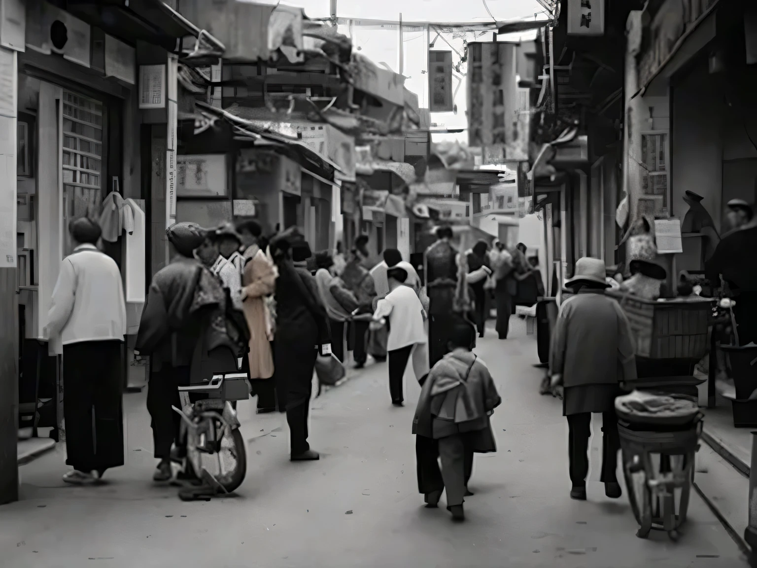 people walking on the street in a crowded city with a  on a bike, hong kong 1 9 5 4, Crowded streets, Fan Hao Photography, people walking on the street, in a narrow chinese alley, Old Japanese street market, People walking on the street, Busy Street, Chinese Village, lunar Busy Street, People walking on the street, populous，black and white photography