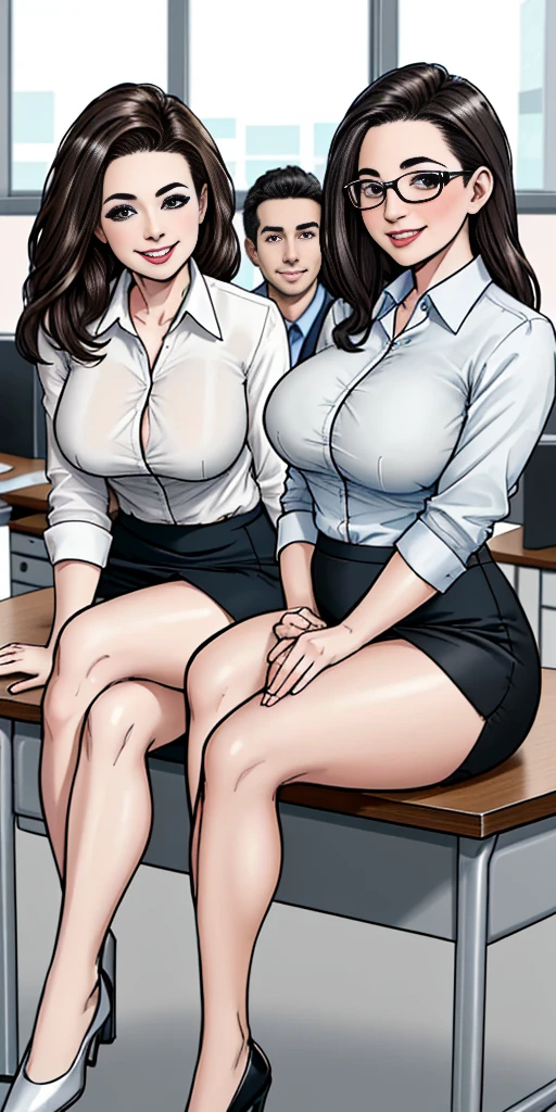 ((Best Quality, 8k, Masterpiecedetails, ultra-high resolution)), (group picture),(looking at the viewer), (full shot:), attractive business 5 milfs, 5 people, a bit chubby:0.25, seductive expression, white collared shirt, grey skirt, (sitting with cross legs on office desks)), smile, office of CEO