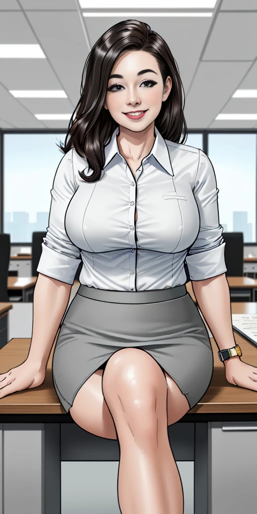 ((Best Quality, 8k, Masterpiecedetails, ultra-high resolution)), (group picture),(looking at the viewer), (full shot:), attractive business 5 milfs, 5 people, a bit chubby:0.25, seductive expression, white collared shirt, grey skirt, (sitting with cross legs on office desks)), smile, office of CEO