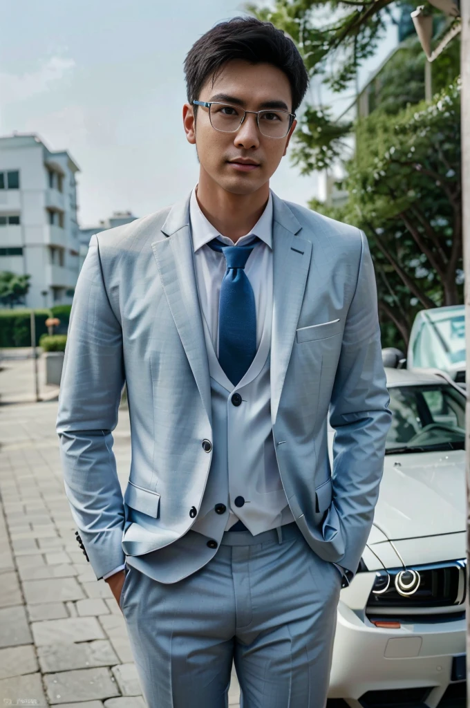 (One wears silver-white titanium alloy thin-rimmed glasses、Wearing a full light blue striped suit、White shirt、Tie、About 25 years old、Japanese men with a height of 180 cm)、best quality、masterpiece、Ultra-high resolution、(Photo realism:1.4)、original photo、(戶外街道上One wears silver-white titanium alloy thin-rimmed glasses、Wearing a full light blue striped suit、White shirt、Tie的年輕英俊的日本男人、Standing under the red maple tree、Red and big maple leaves、delicate leaves、branch details)、(There is a white BMW car next to the man、Man&#39;s hands on car roof) shadow、Octane Rendering、8K、Super sharp、realistic light、(There is only one white BMW car on the street、man&#39;s shining eyes、looking in the direction of the camera)、LED、Ultra high quality、High、gentleman、very beautiful hair、bright photos、As handsome as a model、As handsome as an idol,Professional profile photo, Professional portrait photos、Realistic portrait photos, Detailed color portrait, Portrait of an idol, High quality portrait.