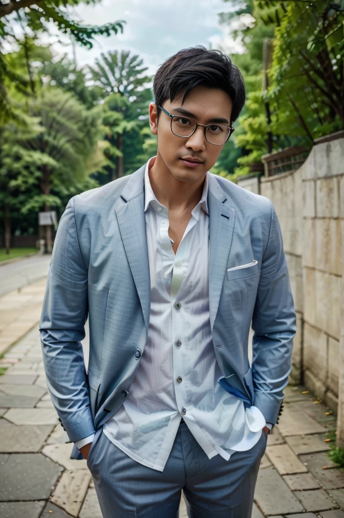 (One wears silver-white titanium alloy thin-rimmed glasses、Wearing a full light blue striped suit、White shirt、Tie、About 25 years old、Japanese men with a height of 180 cm)、best quality、masterpiece、Ultra-high resolution、(Photo realism:1.4)、original photo、(戶外街道上One wears silver-white titanium alloy thin-rimmed glasses、Wearing a full light blue striped suit、White shirt、Tie的年輕英俊的日本男人、Standing under the red maple tree、Red and big maple leaves、delicate leaves、branch details)、(There is a white BMW car next to the man、Man's hands on car roof) shadow、Octane Rendering、8K、Super sharp、realistic light、(There is only one white BMW car on the street、man's shining eyes、looking in the direction of the camera)、LED、Ultra high quality、High、gentleman、very beautiful hair、bright photos、As handsome as a model、As handsome as an idol,Professional profile photo, Professional portrait photos、Realistic portrait photos, Detailed color portrait, Portrait of an idol, High quality portrait.