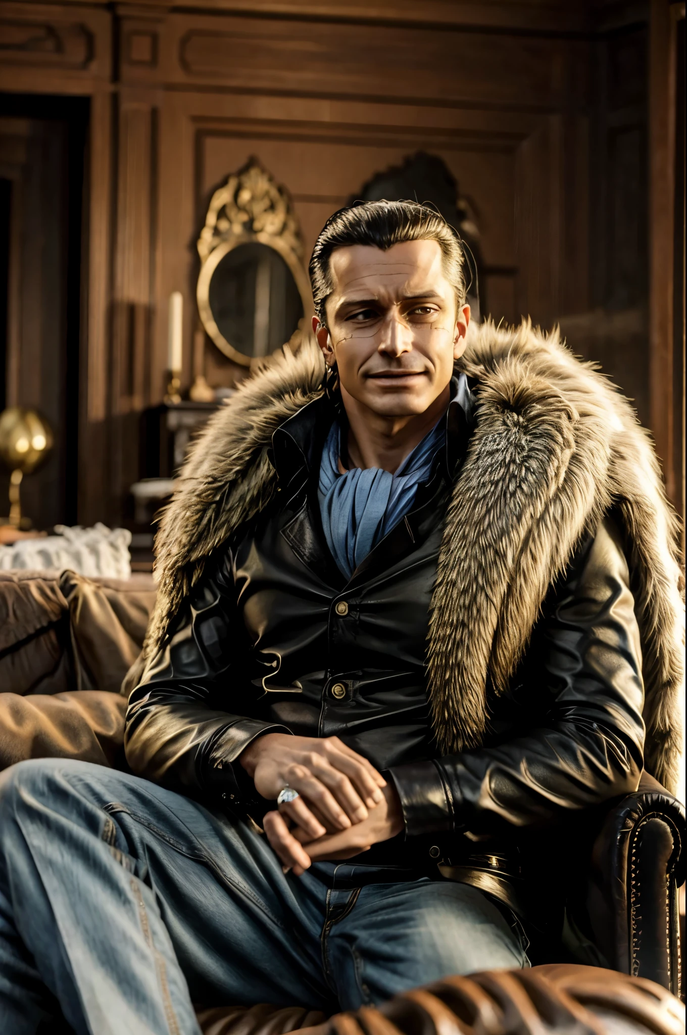 masterpiece, best quality, extremely detailed, hyperrealistic, photorealistic, a cool 40s man, ultra detailed face:1.2, fur-trimmed coat, scarf around the neck, his left hand is a golden pirate hook:1.1, distant view shot, living room, large space, sitting on sofa, cigar, sly smile, relaxed