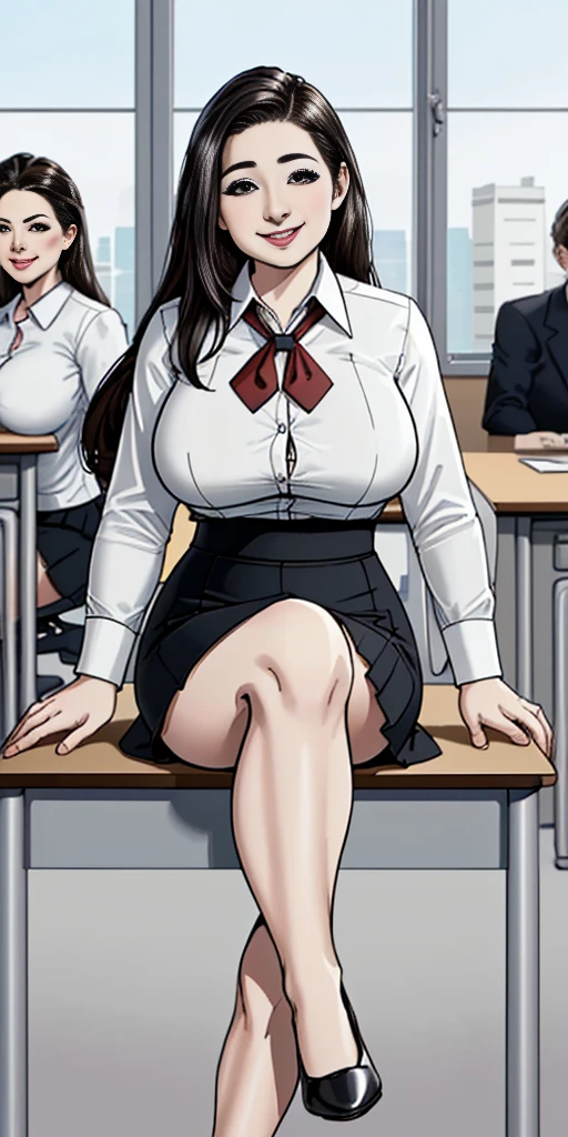 ((Best Quality, 8k, Masterpiecedetails, ultra-high resolution)), (group picture),(looking at the viewer), (full shot:), attractive business 5 milfs, 5 people, a bit chubby:0.25, seductive expression, white collared shirt, grey skirt, (sitting with cross legs on office desks)), smile, office of CEO