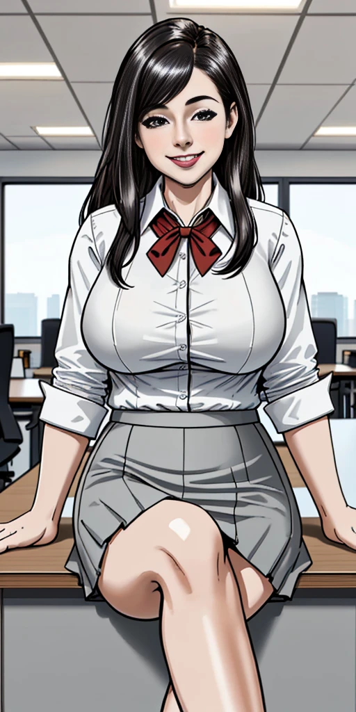 ((Best Quality, 8k, Masterpiecedetails, ultra-high resolution)), (group picture),(looking at the viewer), (full shot:), attractive business 5 milfs, 5 people, a bit chubby:0.25, seductive expression, white collared shirt, grey skirt, (sitting with cross legs on office desks)), smile, office of CEO