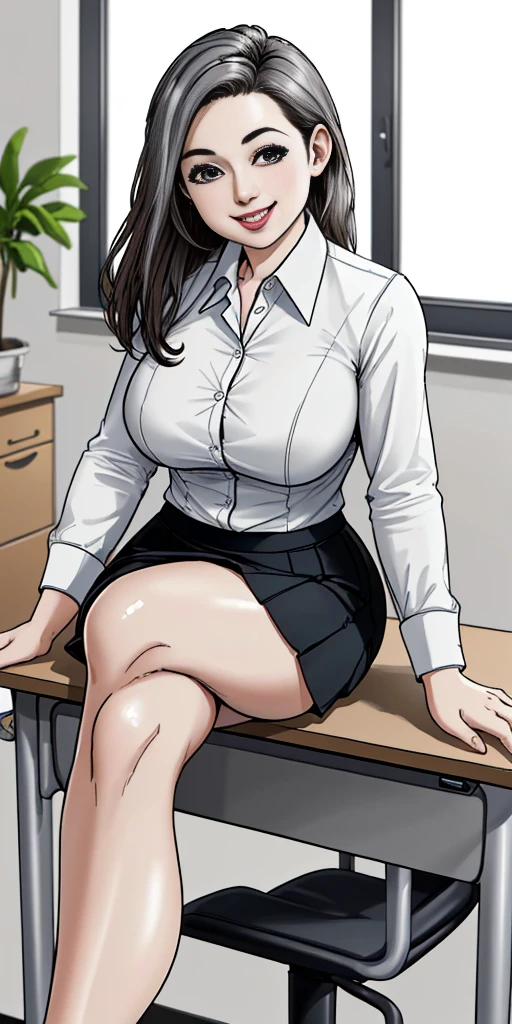 ((Best Quality, 8k, Masterpiecedetails, ultra-high resolution)), (group picture),(looking at the viewer), (full shot:), attractive business 5 milfs, 5 people, a bit chubby:0.25, seductive expression, white collared shirt, grey skirt, (sitting with cross legs on office desks)), smile, office of CEO