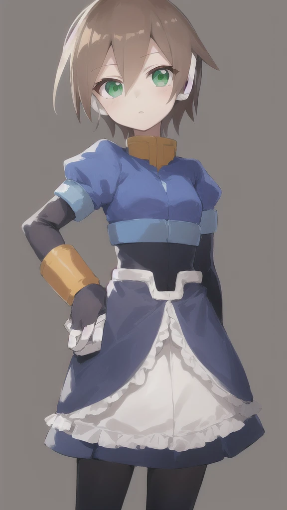 Aile_MegamanZX, 1girl, Looking at viewer, simple background, Brown hair, ,green eyes, Dressed as a maid