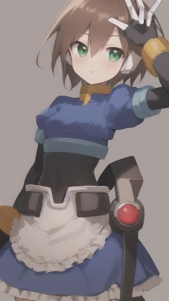 Aile_MegamanZX, 1girl, Looking at viewer, simple background, Brown hair, ,green eyes, Dressed as a maid 
